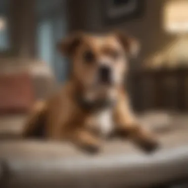 A dog appearing anxious, with its body language indicating stress around furniture.