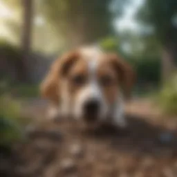 A curious dog sniffing the ground in a backyard.