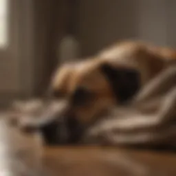 A dog curled up in a cozy corner during a thunderstorm
