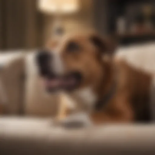 A dog licking a sofa, displaying curiosity and engagement with its environment.