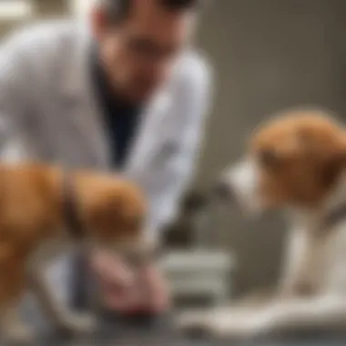 A veterinarian examining a dog, highlighting health factors that may influence licking behavior.