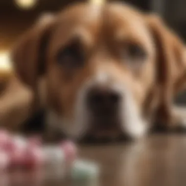 A curious dog sniffing a pack of chewing gum on a table.