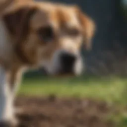 A dog curiously inspecting a sprinkler head with a thoughtful expression.