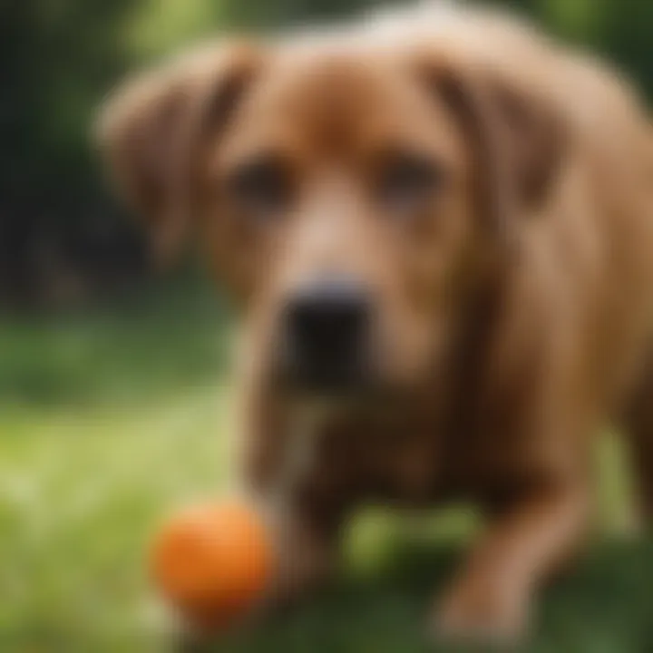 A dog happily playing with a chew toy, diverting attention from the sprinkler head.