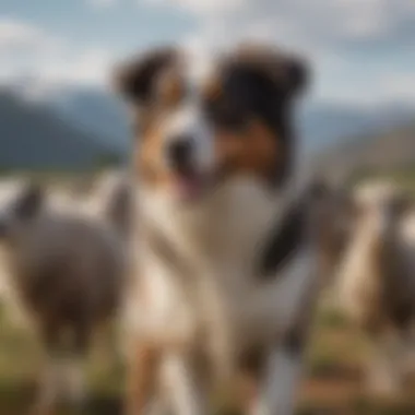 An Australian Shepherd herding sheep, illustrating its instinctual intelligence.