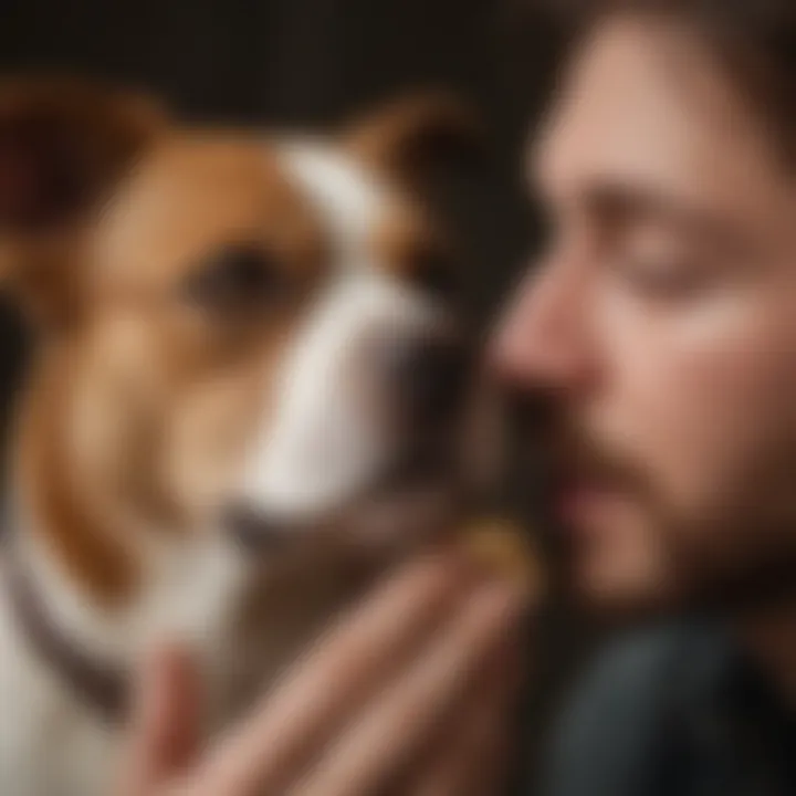 A dog gently nibbling on its owner's hand, showcasing affection.