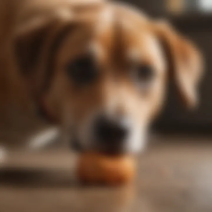 A dog instinctively nibbling on a toy, illustrating natural behavior.