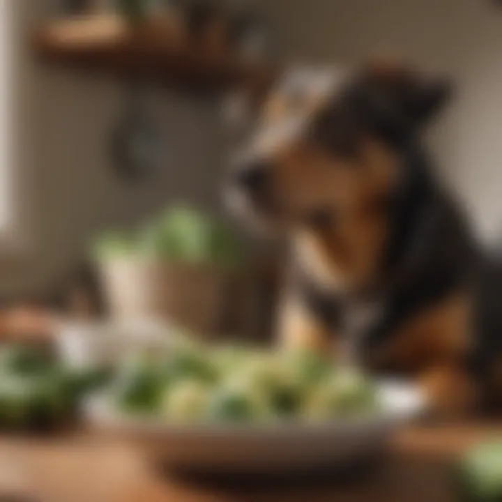 A dog curiously inspecting a bowl of diced zucchini