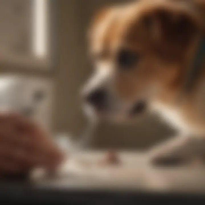 A veterinarian examining a dog in a clinical setting