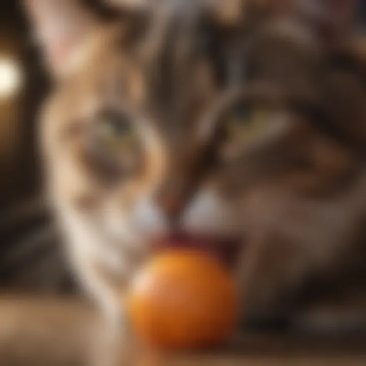 A cat exhibiting gentle biting while playing with a toy.