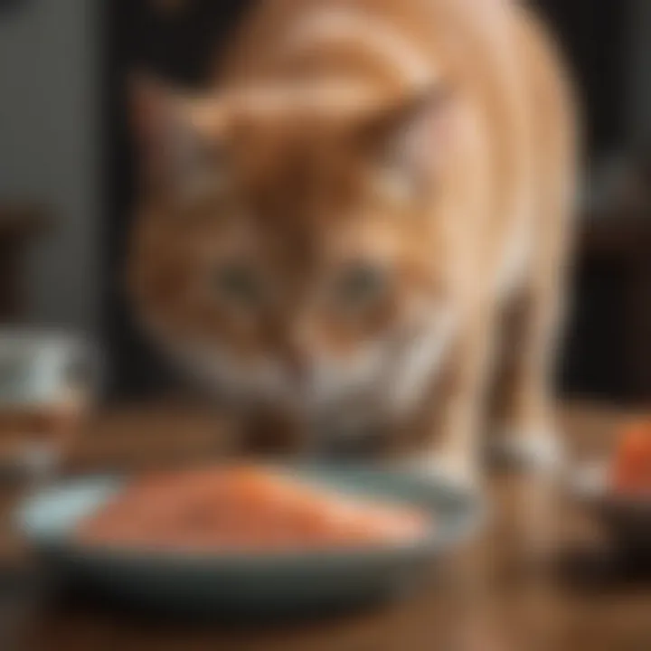 Close-up of a cat looking at a bowl of salmon