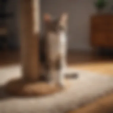 Carpet-covered scratching post with a cat in action