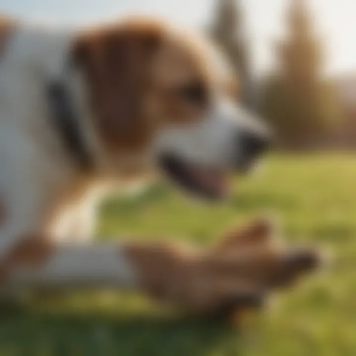 Dog scratching its paws on the grass