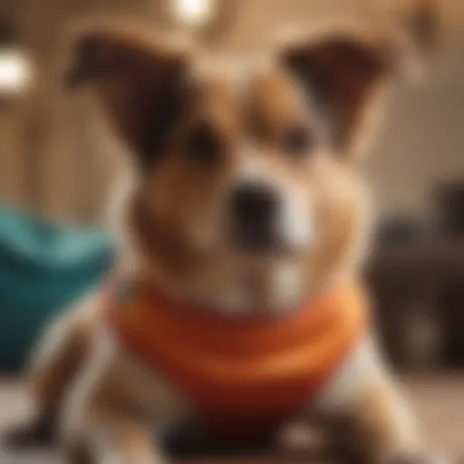 A cozy dog wearing a colorful cloth diaper designed for comfort during heat cycles