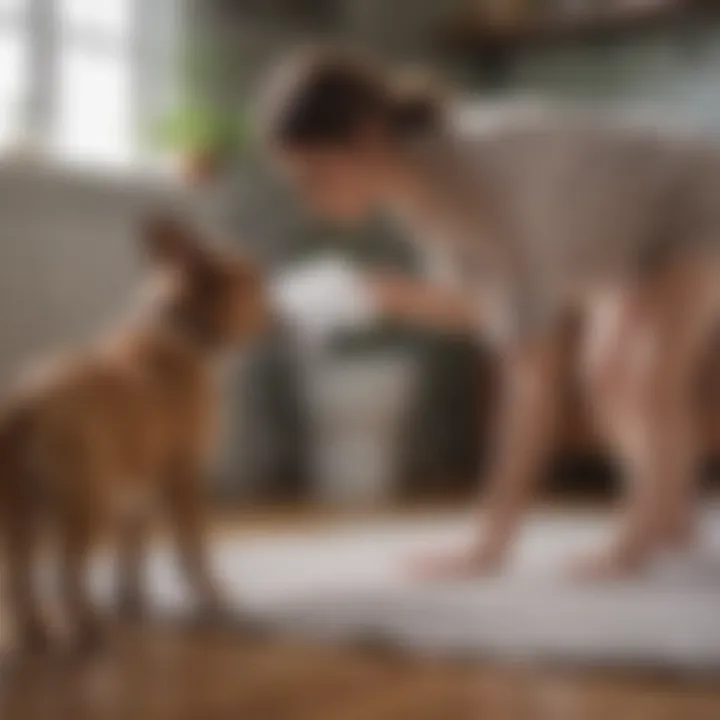 A pet owner caring for their dog while adjusting a cloth diaper for a secure fit