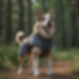 Dog wearing a compression jacket in a peaceful outdoor setting