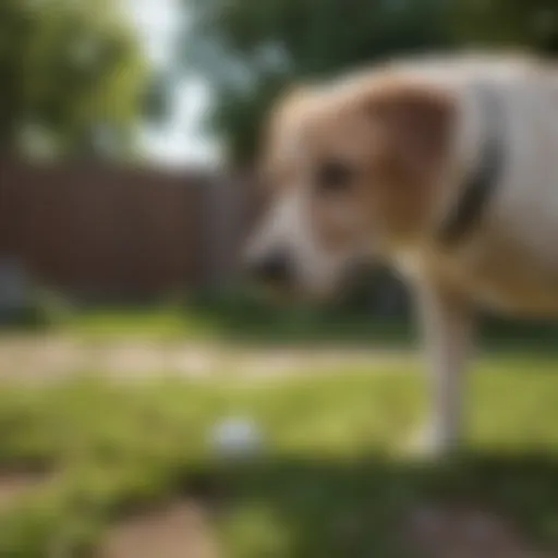 A curious dog sniffing around in the yard