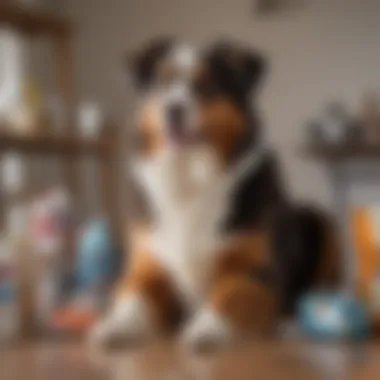 A well-groomed Australian Shepherd sitting beside pet care items, symbolizing ongoing ownership costs