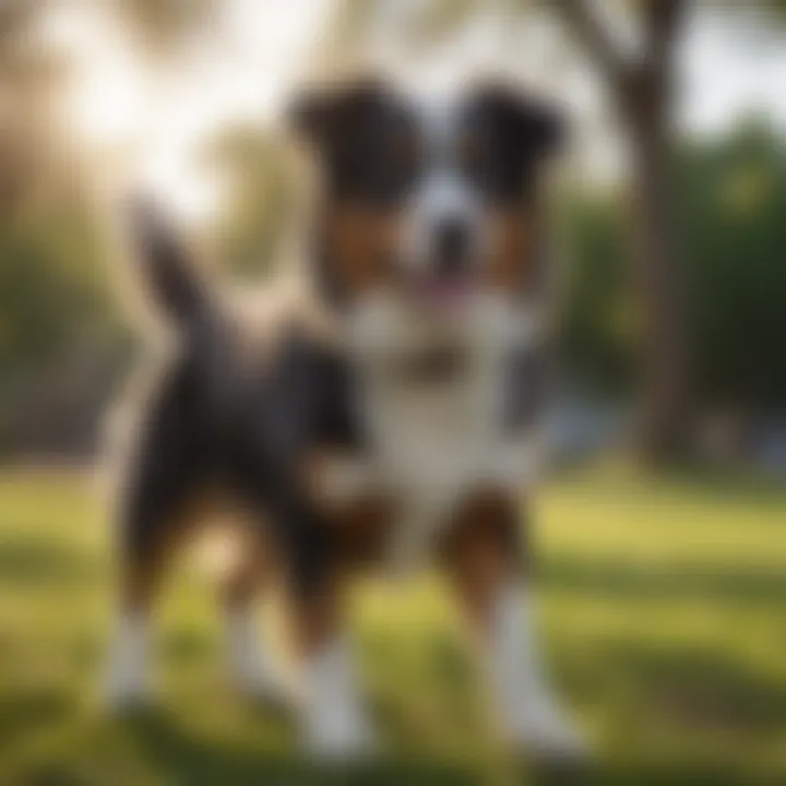 A happy Australian Shepherd playing in a park, highlighting the breed's energetic nature