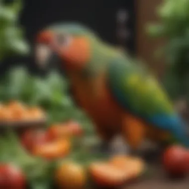 A variety of fresh vegetables arranged in an appealing manner for parrots.