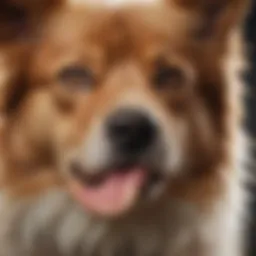 Close-up of a dog chewing its fur, showcasing the fur texture and the dog's expression.