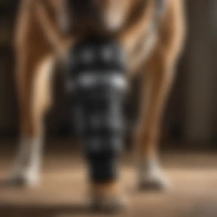 Close-up of a rear leg knee brace on a dog showing proper fit