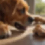 A dog curiously examining its own paw