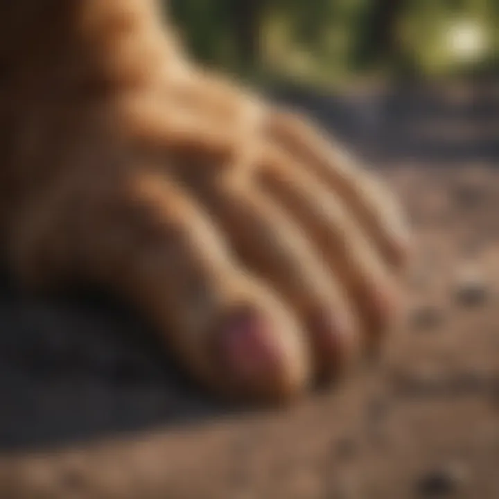 A close-up of a dog's paw with natural surroundings