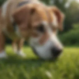 A dog sniffing freshly cut grass in a lush garden