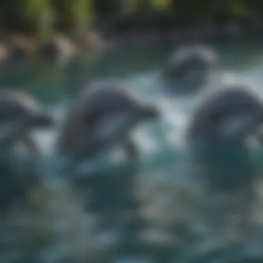 Group of dolphins surfacing to breathe, demonstrating social behavior.