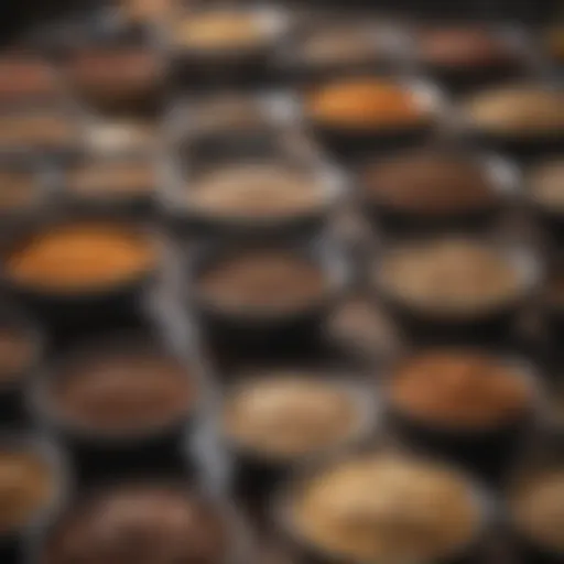 A variety of cat food options displayed in bowls