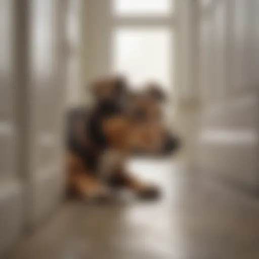 A dog looking anxious near a door, indicating the need to urinate.