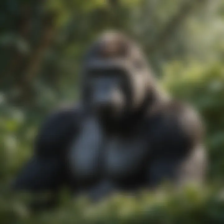 Gorilla in the wild surrounded by lush greenery, representing a natural habitat.