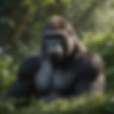 Gorilla in Natural Habitat Gorilla in the wild surrounded by lush greenery, representing a natural habitat.