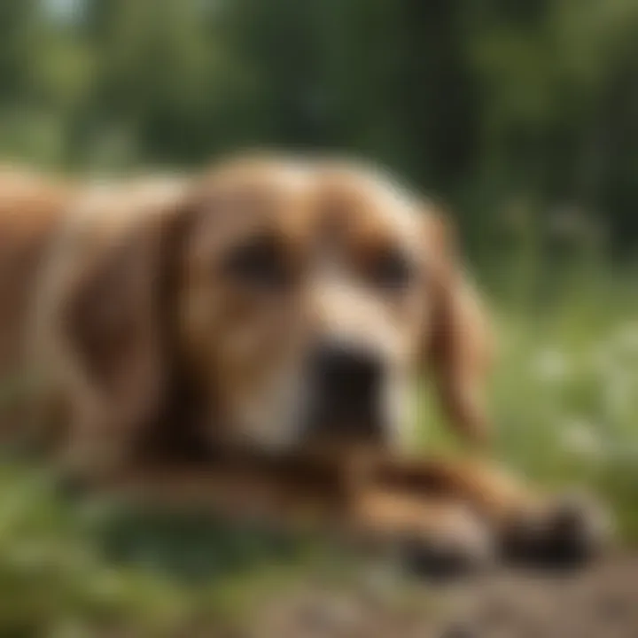 Dog lying in grass with fleas