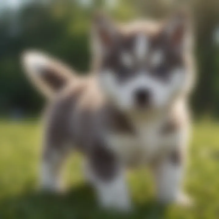 Adorable Husky Poo puppy playing in a grassy field