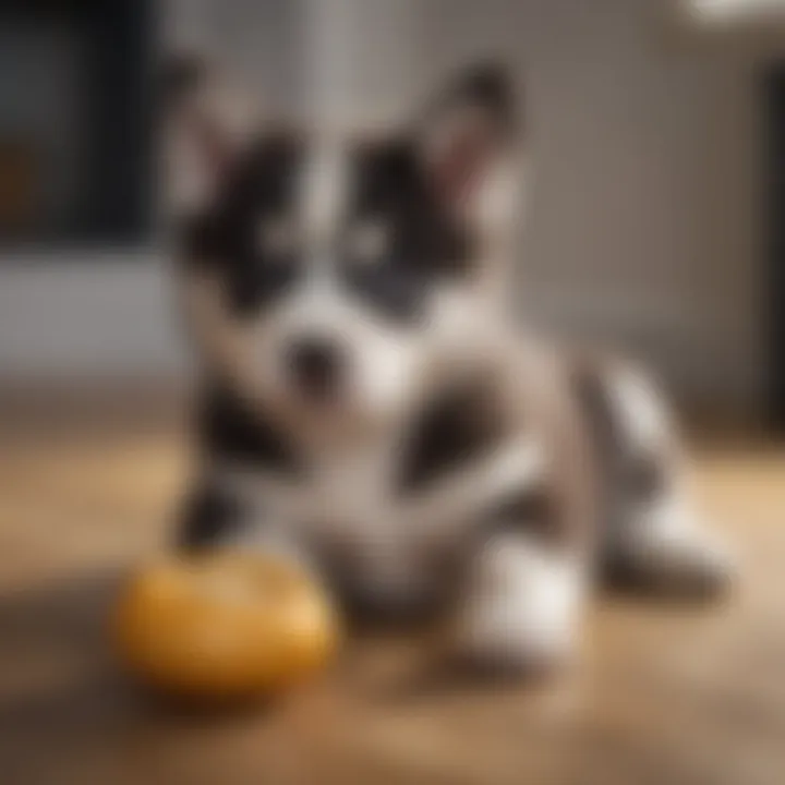 Owner training a Husky Poo puppy at home