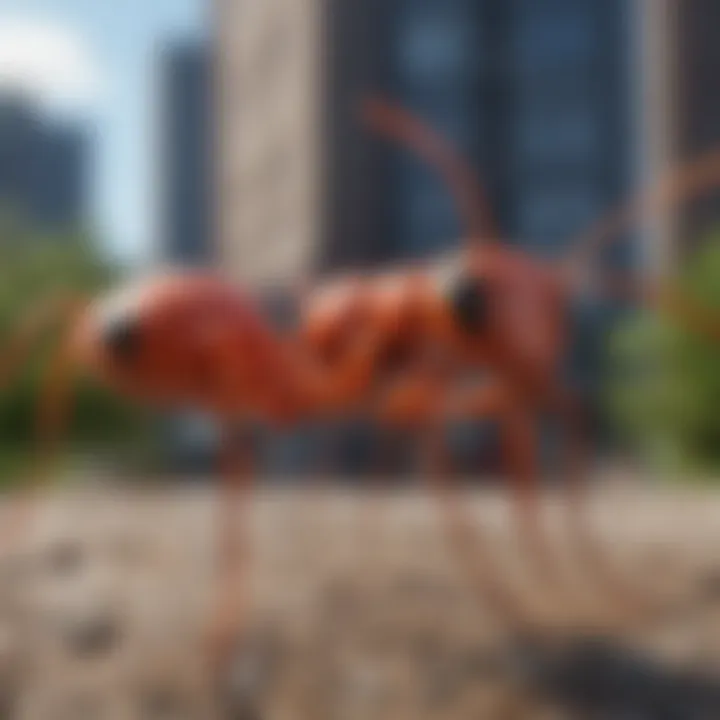 Large red ants exhibiting behavioral patterns in an urban environment.