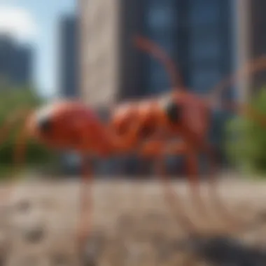 Behavioral Patterns of Large Red Ants Large red ants exhibiting behavioral patterns in an urban environment.
