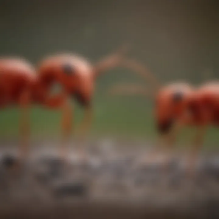Close-up of large red ants displaying their biological features and characteristics.