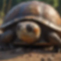 A close-up of a turtle basking in the sun, showcasing its shell textures and patterns.