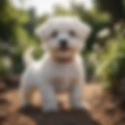 A Maltese puppy playing in a sunny garden.