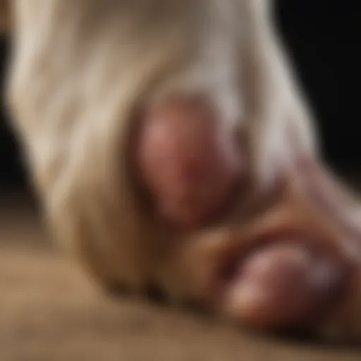 A close-up of a dog's sore on its paw indicating infection