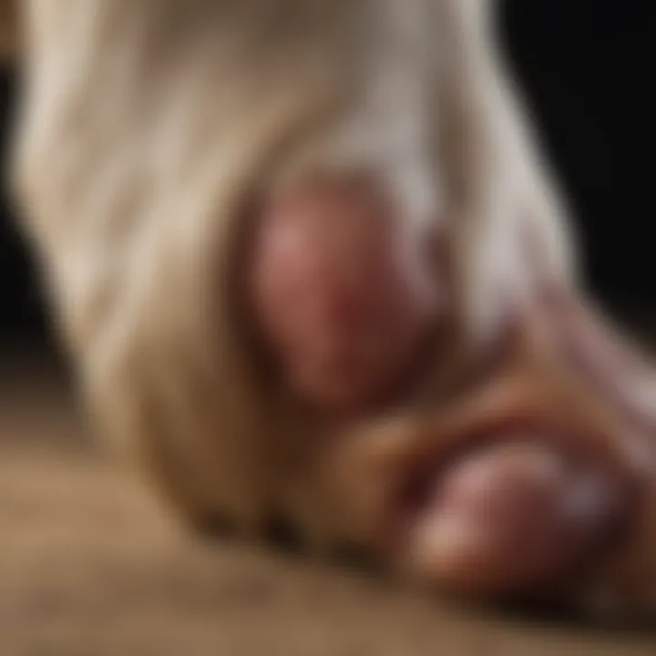 A close-up of a dog's sore on its paw indicating infection