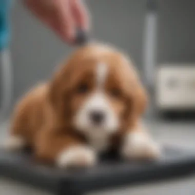 Close-up of a mini Bernedoodle puppy being weighed by a veterinarian