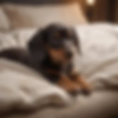 Mini dapple dachshund puppy resting comfortably in a cozy bed