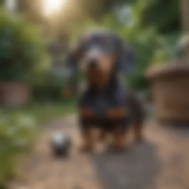 Owner training a mini dapple dachshund puppy in a backyard