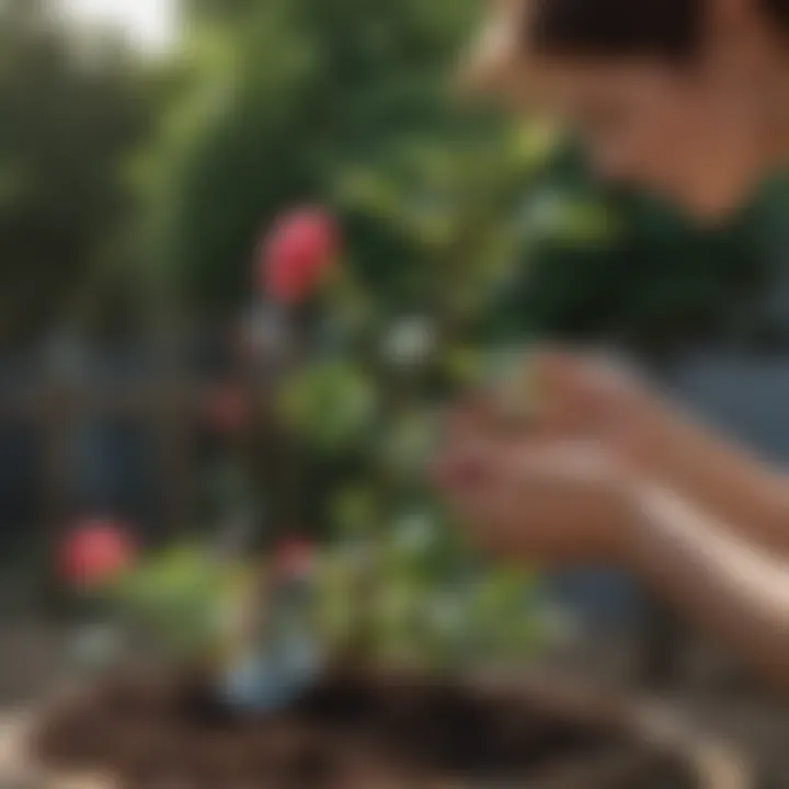 Gardener tending to a mini rose bush with care tools