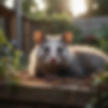 Opossum Relaxing in a Backyard Opossum resting in a cozy backyard space