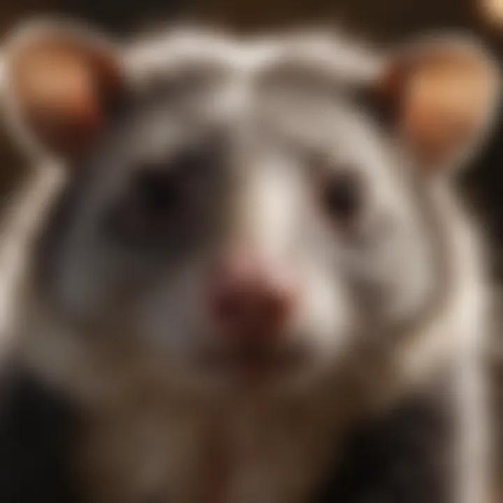 Close-up of an opossum's face looking curious